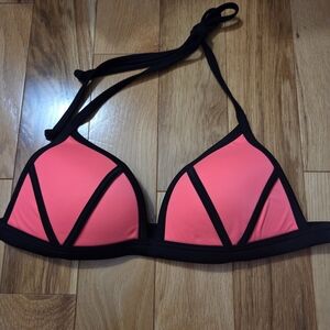 PINK Victoria's Secret Neon Coral Triangle Bikini Top with Black Trim